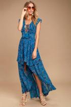 Lulus | Always And Forever Blue Floral Print Lace-up High-low Dress | Size Large | 100% Polyester