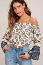 Lulus Asbury Park Cream Print Off-the-shoulder Crop Top