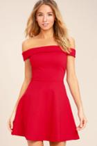 Lulus | Season Of Fun Red Off-the-shoulder Skater Dress | Size Large | 100% Polyester