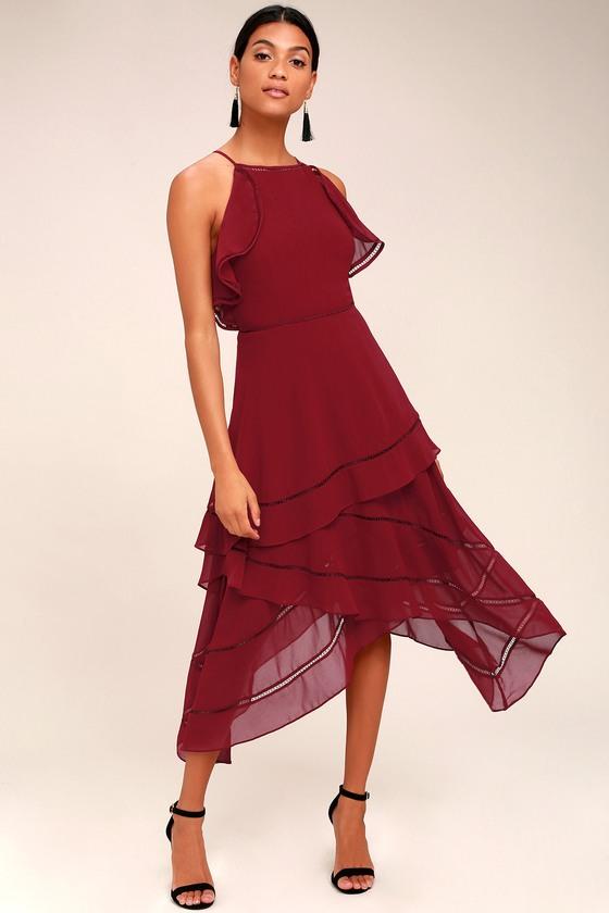 Keepsake | Lovers Holiday Wine Red Midi Dress | Size Large | 100% Polyester | Lulus