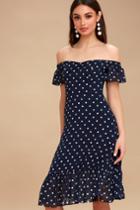 Artesia Navy Blue Polka Dot Off-the-shoulder Midi Dress | Lulus