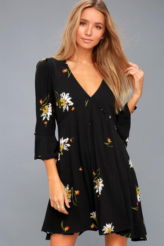 Free People Time On My Side Black Floral Print Wrap Dress | Lulus