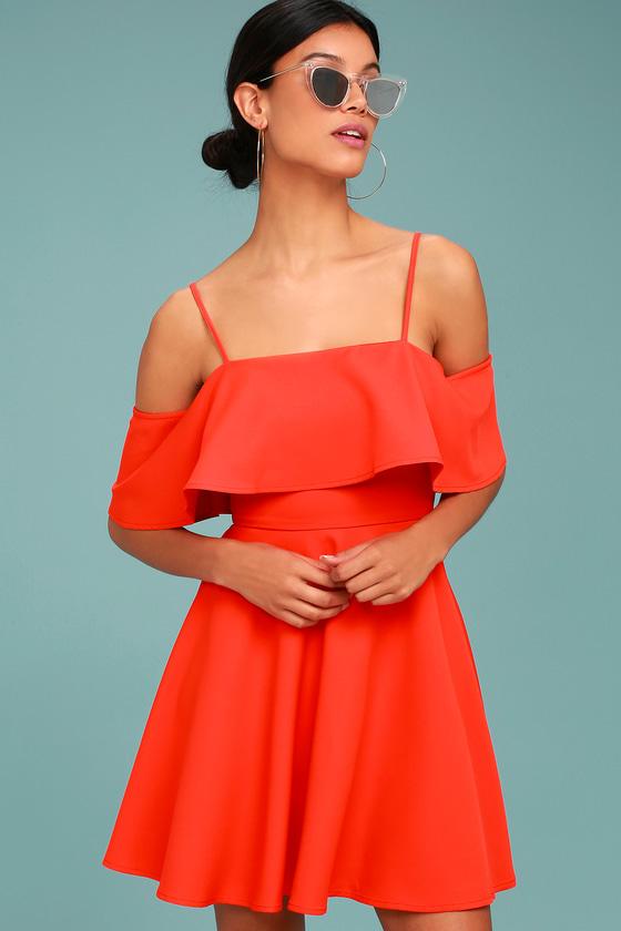 Waterfront Coral Red Off-the-shoulder Skater Dress | Lulus
