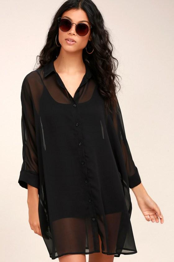 Lulus | In The Tropics Sheer Black Shirt Dress | Size Small | 100% Polyester