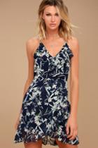 Lulus | Belong To You Navy Blue Floral Print Sleeveless Dress | Size Large | 100% Polyester