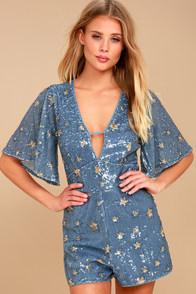 Adelyn Rae Supernova Light Blue Sequin Star Print Romper