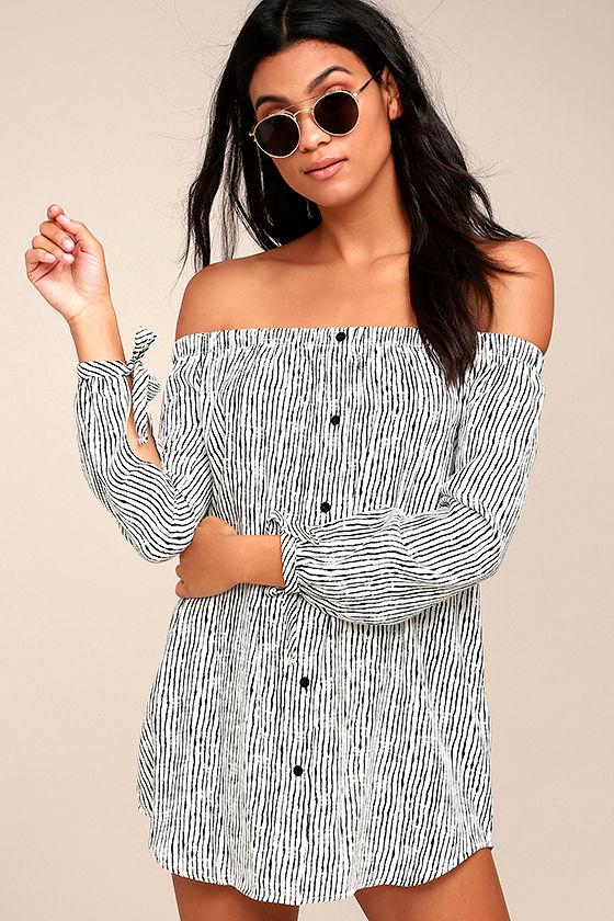 Lulus | Into The Festival White Striped Off-the-shoulder Dress | Size X-large | 100% Rayon