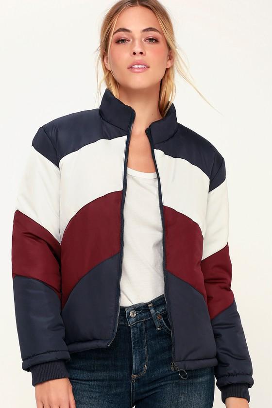 The Fifth Label Atom Navy Blue Chevron Color Block Puffer Jacket | Lulus