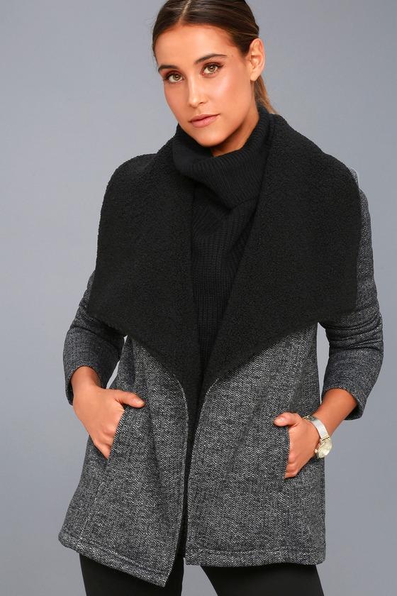 Jack By Bb Dakota Karly Black And Grey Herringbone Sherpa Coat | Lulus