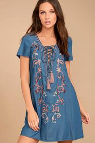 Lulus Urban Wanderer Blue Chambray Embroidered Shift Dress