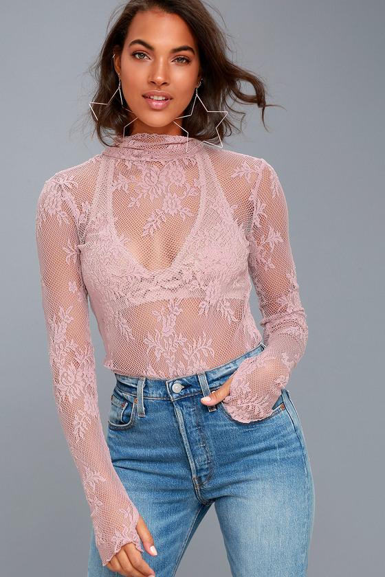 Free People Sweet Secrets Mauve Pink Lace Turtleneck Top | Lulus