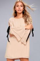 Lulus | Cherish Beige Long Sleeve Shift Dress | Size Large | 100% Polyester