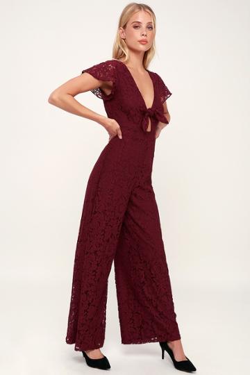 Sage The Label Love You Still Wine Red Lace Tie-front Short Sleeve Jumpsuit | Lulus