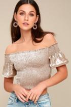 Farrah Taupe Smocked Velvet Off-the-shoulder Crop Top | Lulus
