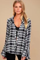 Somedays Lovin' When We Wake Navy Blue Plaid Knotted Long Sleeve Top