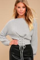 Lulus | Wrapped In Romance Grey Cropped Lace-up Sweater