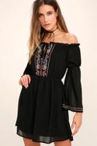Lulus All The Frills Black Embroidered Off-the-shoulder Dress