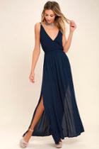 Lulus | Lost In Paradise Navy Blue Maxi Dress | Size Large | 100% Polyester