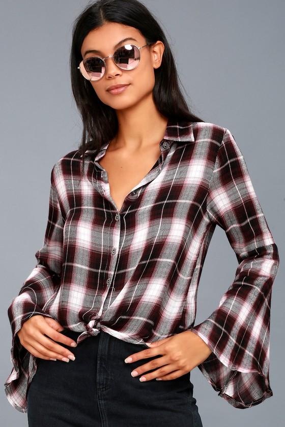 Lulus | Plaid Me At Hello Burgundy Plaid Button-up Top | Size Large | Purple | 100% Rayon