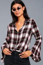 Lulus | Plaid Me At Hello Burgundy Plaid Button-up Top | Size Large | Purple | 100% Rayon