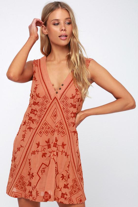 Free People Sweetest Shifty Terra Cotta Embroidered Shift Dress | Lulus