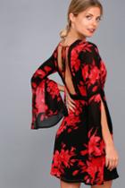 Lulus | Feel The Love Black And Red Floral Print Bell Sleeve Dress
