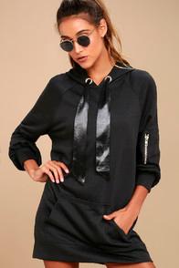 Lulus Larkin Black Satin Hoodie Dress