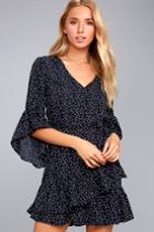 Lulus | Whole Heart Navy Blue Polka Dot Wrap Dress | Size Large | 100% Polyester