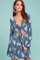 Lulus | Make It Real Denim Blue Floral Print Skater Skirt | Size Large | 100% Rayon