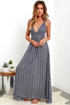 Lulus | Field Day Navy Blue Print Maxi Dress | Size Large | 100% Rayon