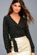 Lulus | Meet Me On The Dance Floor Gold And Black Polka Dot Wrap Top | Size Large | 100% Polyester