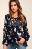 Lulus | Beloved By You Navy Blue Floral Print Long Sleeve Top | Size Large | 100% Polyester