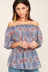 Lulus Ziva Light Blue Print Off-the-shoulder Top
