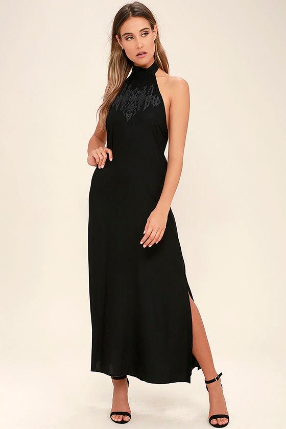 Billabong | Wandering Moon Black Embroidered Maxi Dress | Size X-small | 100% Rayon | Lulus