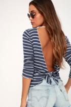 Lucy Love Back At It Navy Blue And White Striped Backless Long Sleeve Top | Lulus