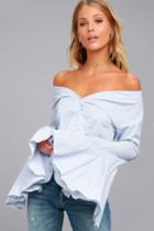 Lulus | Clear Sailing Blue And White Striped Off-the-shoulder Top | Size Large | 100% Cotton