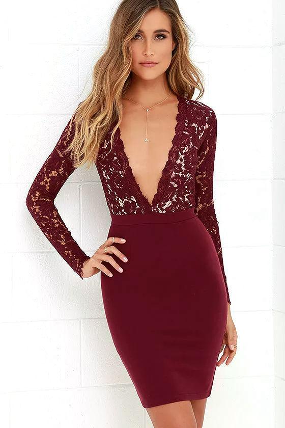 Lulus | Swoon-er Or Later Burgundy Long Sleeve Lace Dress | Size Large | Red