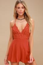 Star Spangled Rust Red Backless Lace Romper | Lulus