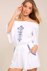Olive + Oak Agata White Embroidered Off-the-shoulder Romper