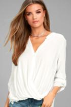 Lulus | Making A Difference White Button-up Top | Size Large | 100% Rayon