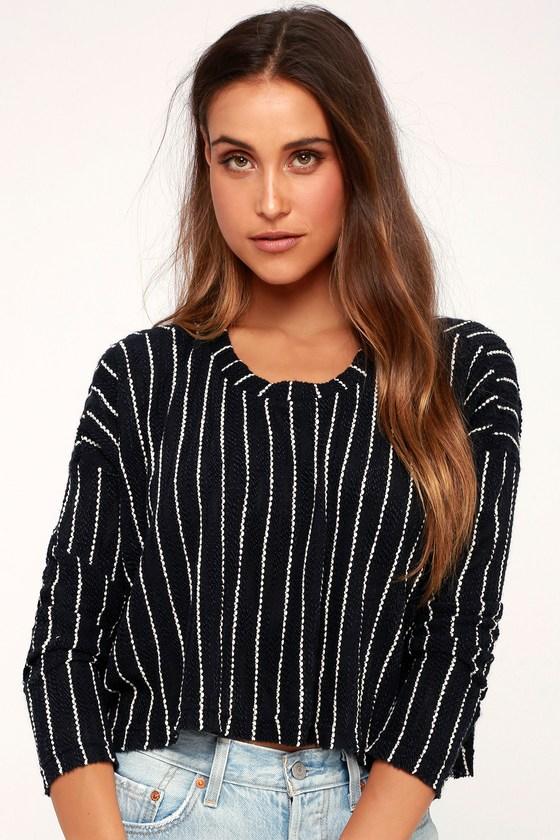 Niagara Falls Navy Blue Striped Cropped High-low Knit Sweater | Lulus