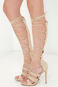 Shoe Republic La All The Way Up Camel Nude Lace-up Heels