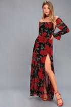 Re:named | Final Rose Black Floral Print Off-the-shoulder Maxi Dress | Size Large | Red | 100% Polyester | Lulus