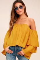 Lulus | Up A Notch Mustard Yellow Satin Off-the-shoulder Crop Top | Size Large | 100% Polyester