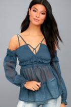 Lost Ink | Twilight Love Slate Blue Sheer Off-the-shoulder Top | Size Xx-small | 100% Cotton | Lulus