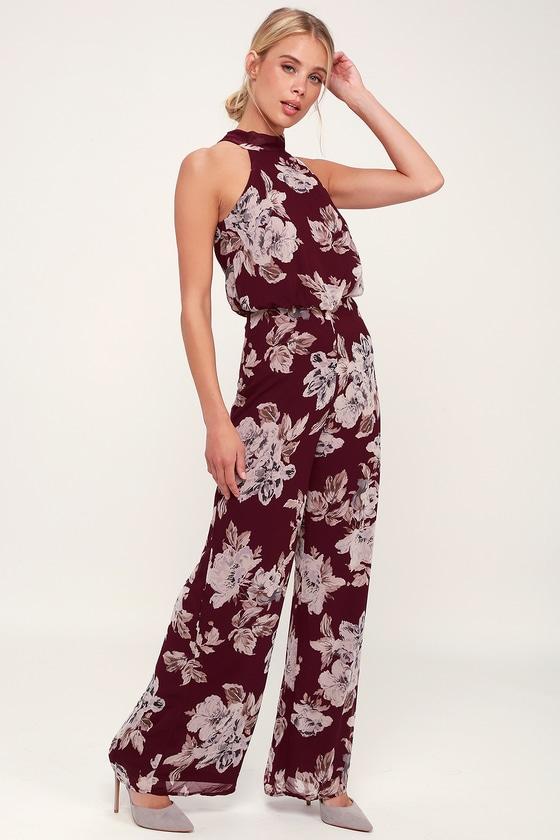 In My Heart Burgundy Floral Print Halter Wide-leg Jumpsuit | Lulus