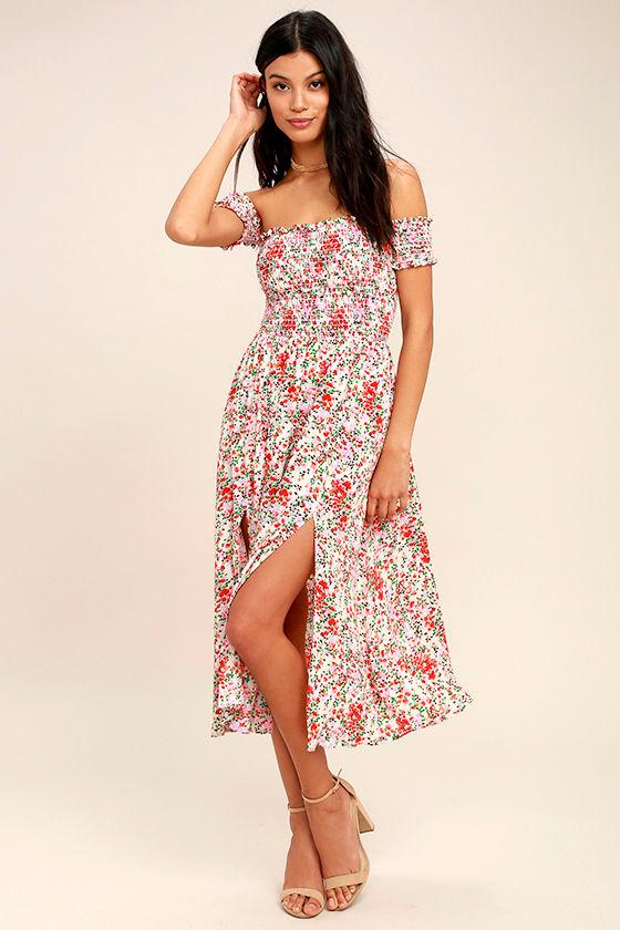 View From The Meadow Cream Floral Print Off-the-shoulder Dress | Lulus