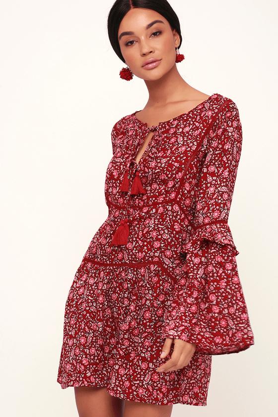 Amuse Society La Palma Wine Red Floral Print Long Sleeve Shift Dress | Lulus
