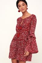 Amuse Society La Palma Wine Red Floral Print Long Sleeve Shift Dress | Lulus