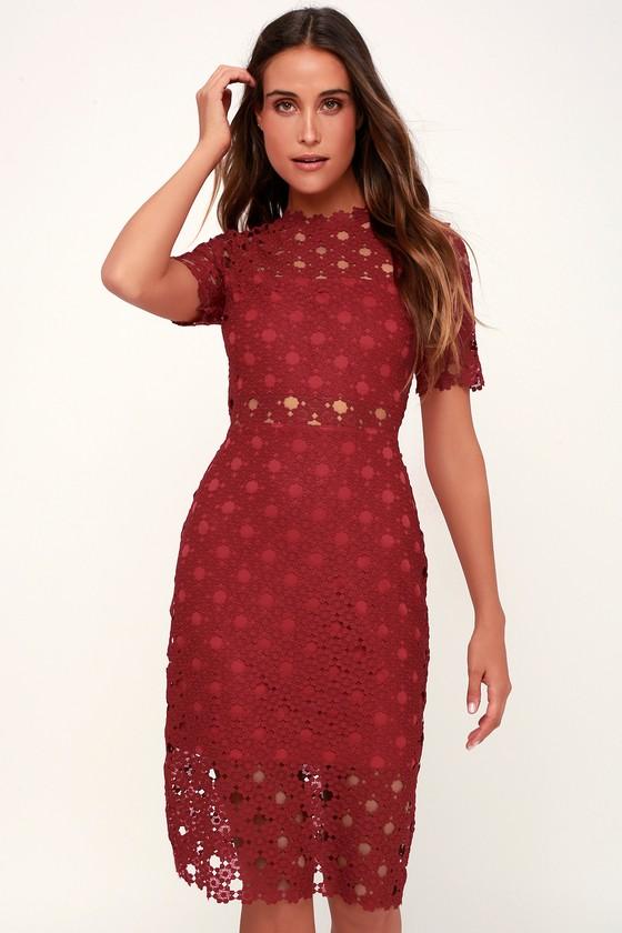 Heartfelt Wine Red Lace Bodycon Midi Dress | Lulus